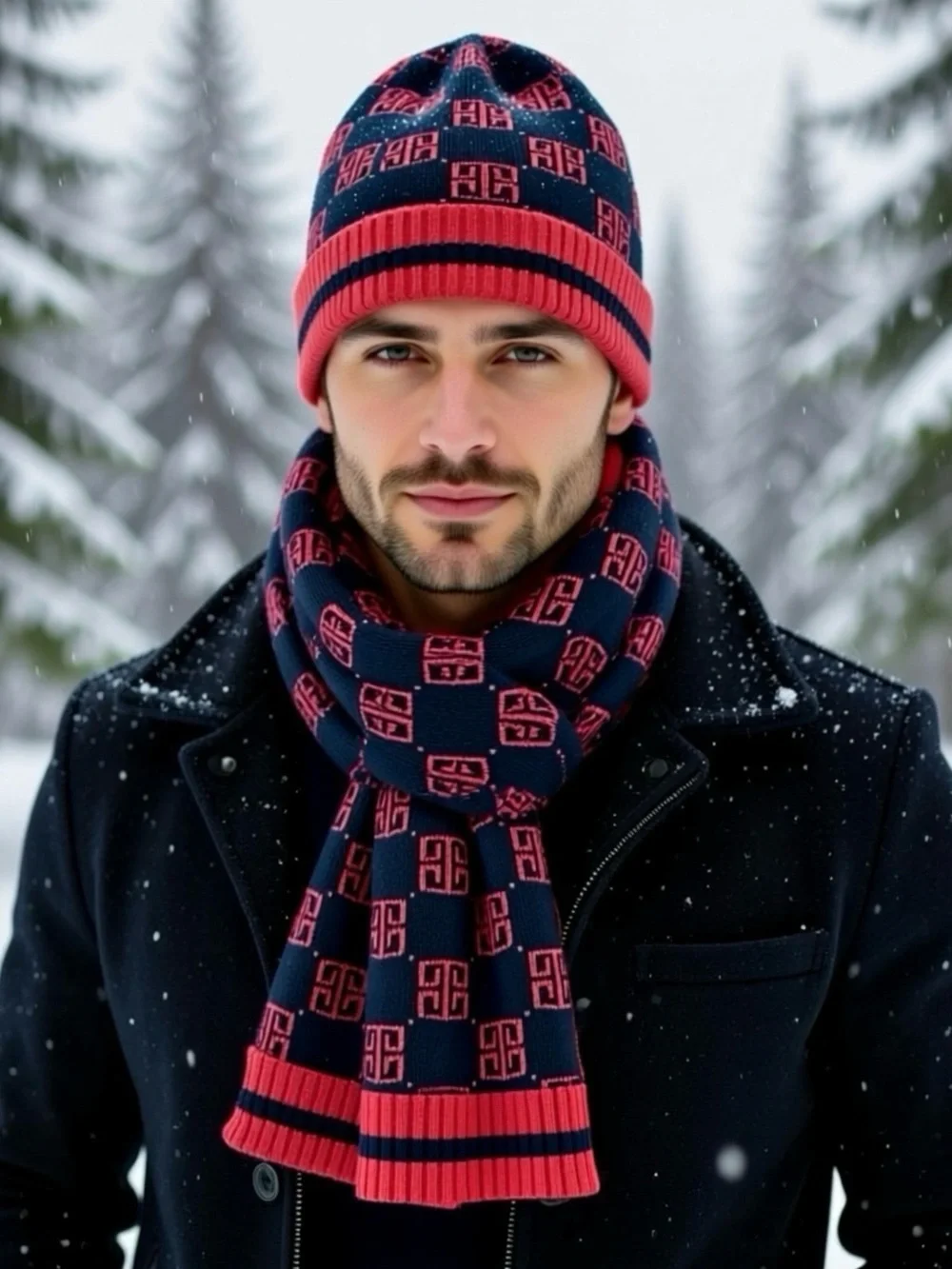 Linea Uomo Men’s Scarf and Beanie Hat Set Geometric Print Holiday Ski Resort